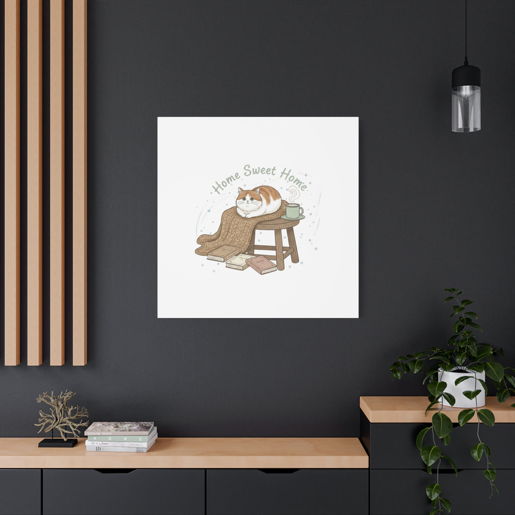Home Sweet Home cat print Canvas | introvert homebody decor, cozy winter wall art