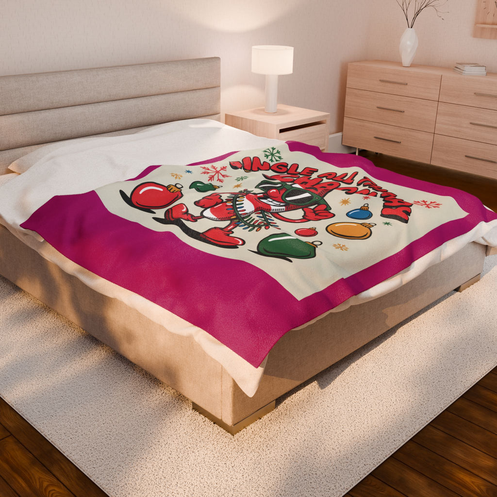 Jingle All the Way Chaos Candy Cane Plush Blanket | ugly Christmas sweater vibe, novelty holiday knit