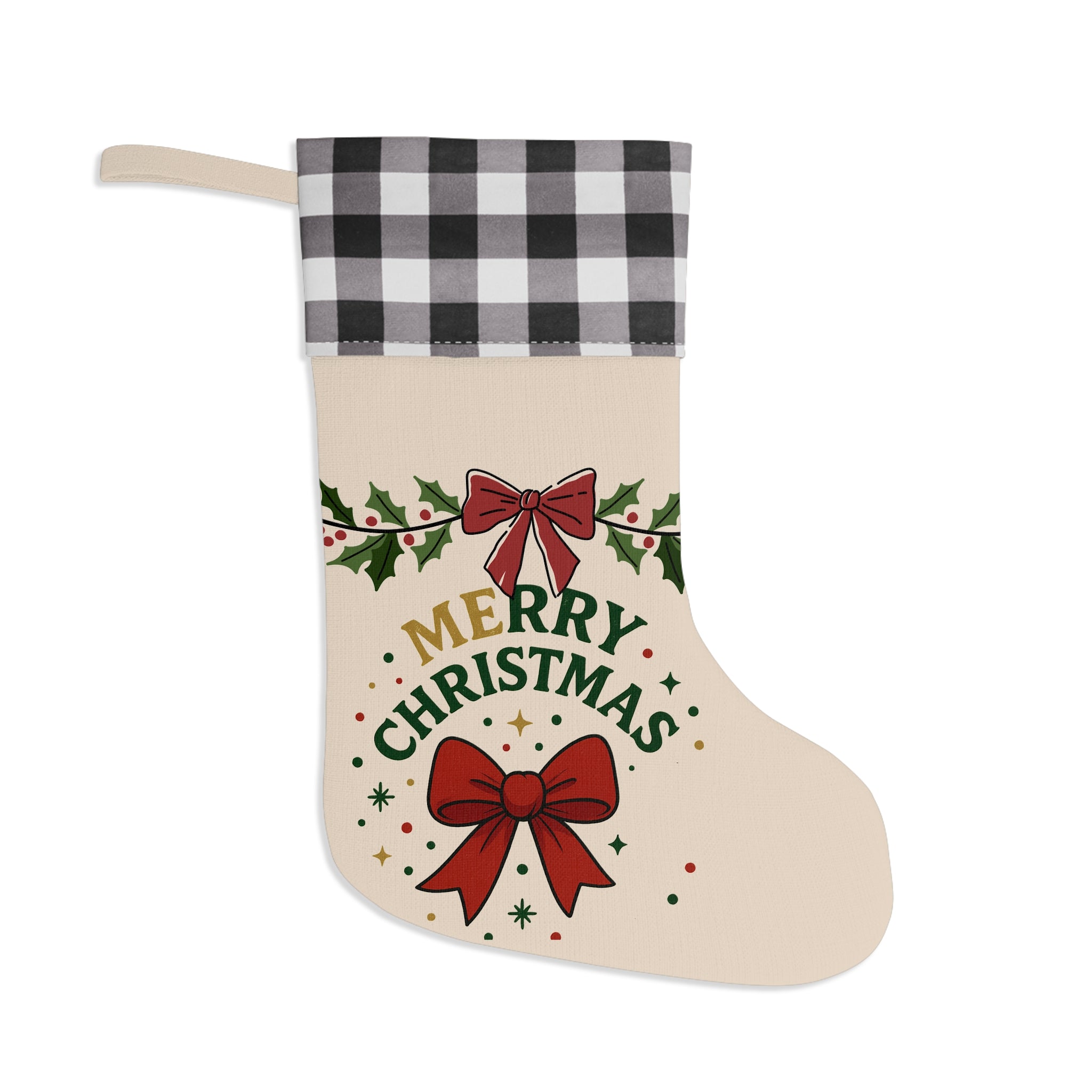 Merry Christmas Buffalo Plaid Stocking — Holiday Decorative Christmas Stocking with Bow & Holly