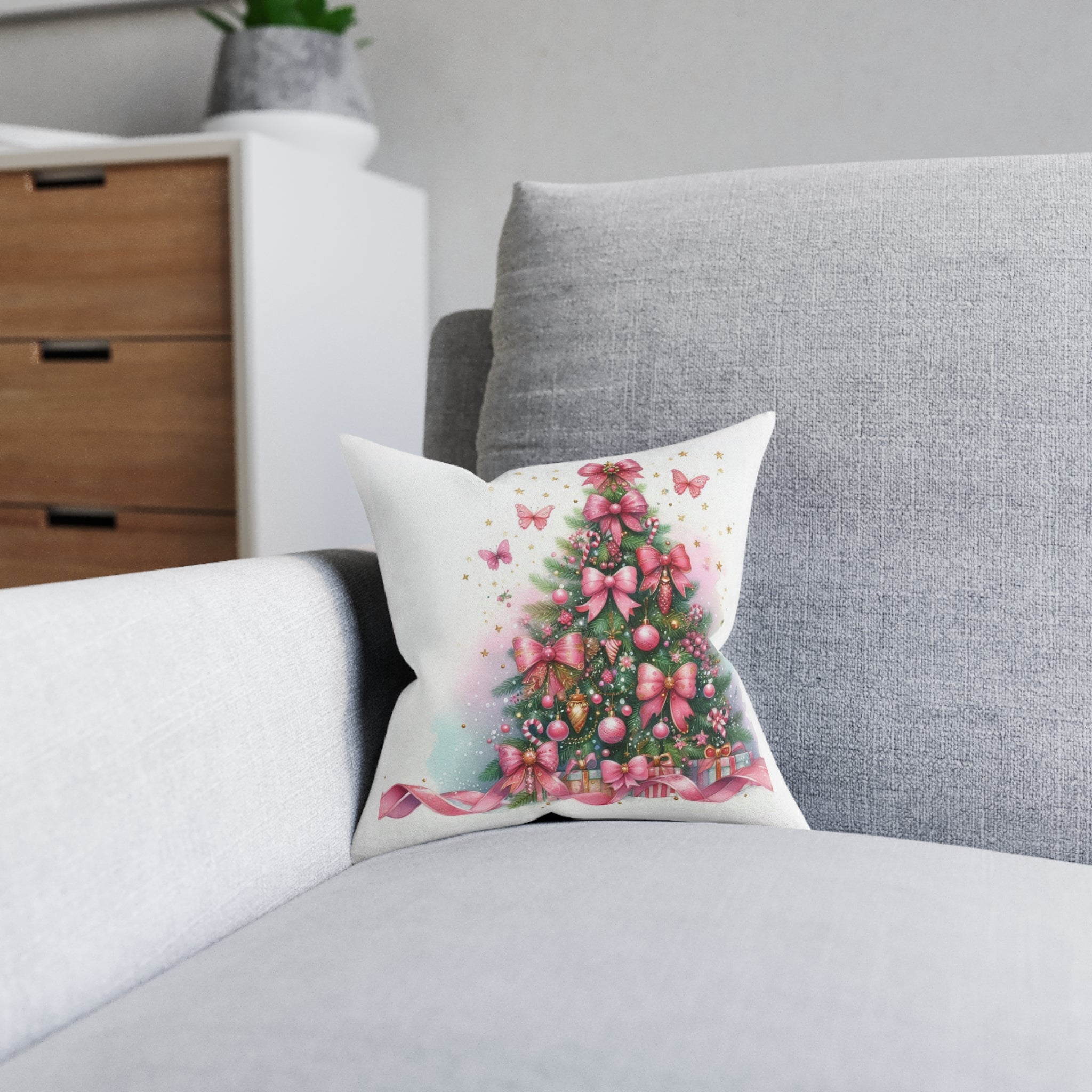 Pink Ribbon Christmas Tree Throw Pillow — Feminine Holiday Decor
