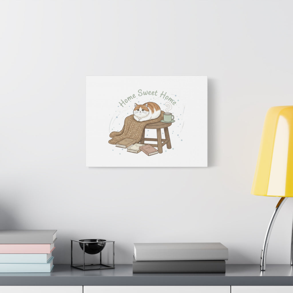 Home Sweet Home cat print Canvas | introvert homebody decor, cozy winter wall art