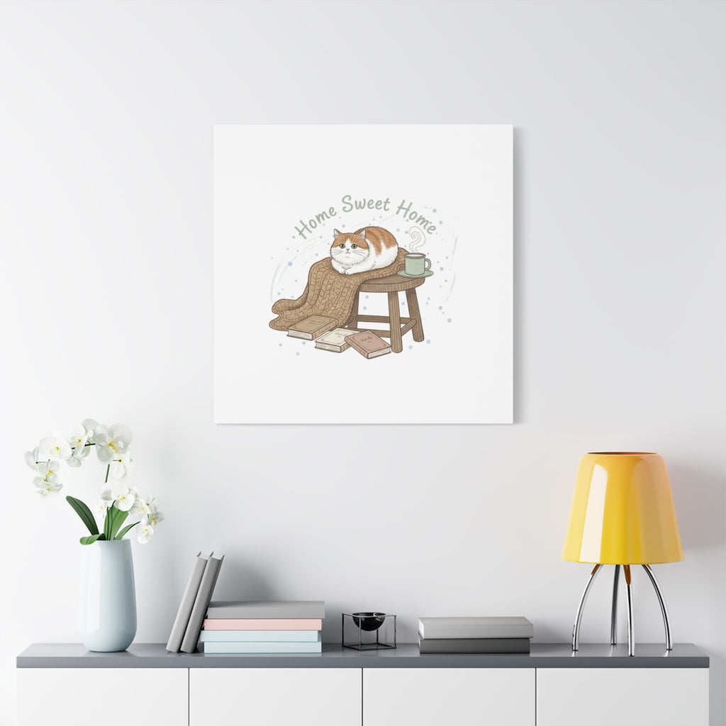 Home Sweet Home cat print Canvas | introvert homebody decor, cozy winter wall art