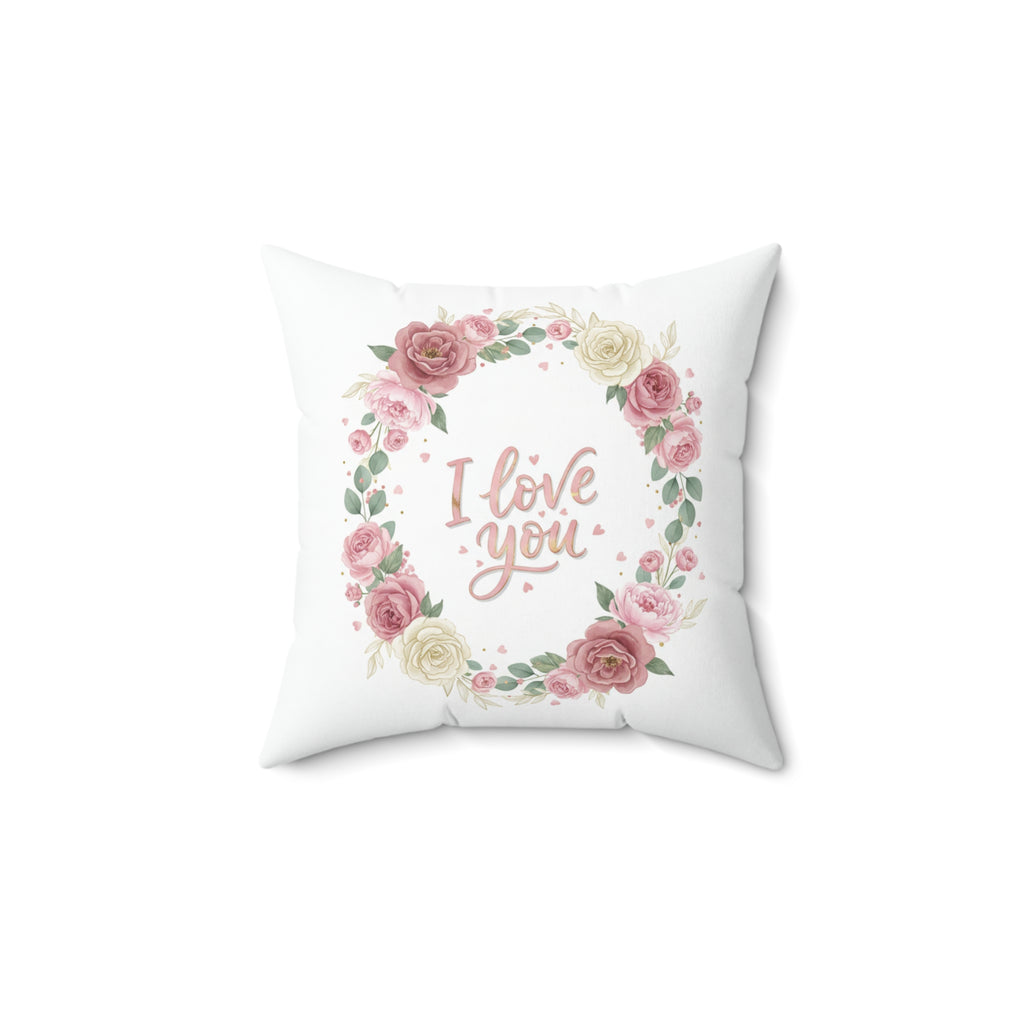 I Love You Floral Wreath Pillow - Romantic Decorative Square Throw Pillow