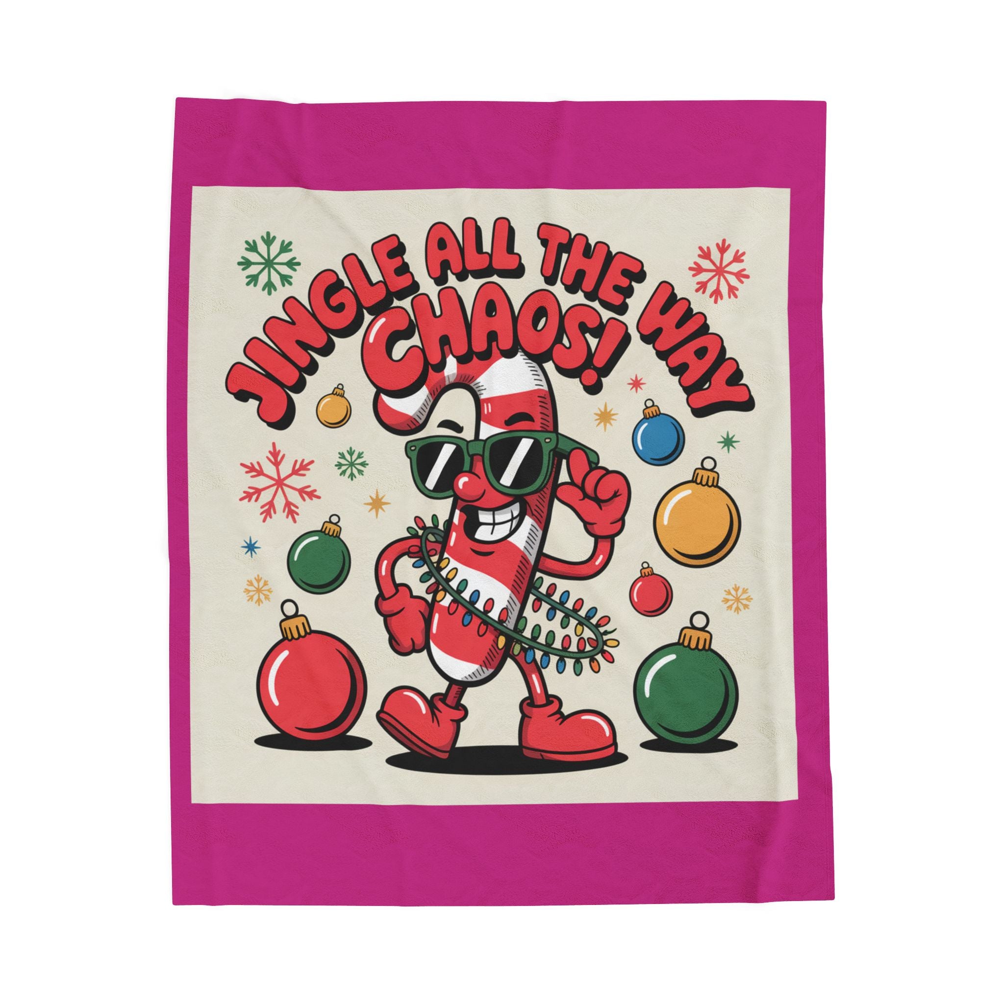 Jingle All the Way Chaos Candy Cane Plush Blanket | ugly Christmas sweater vibe, novelty holiday knit