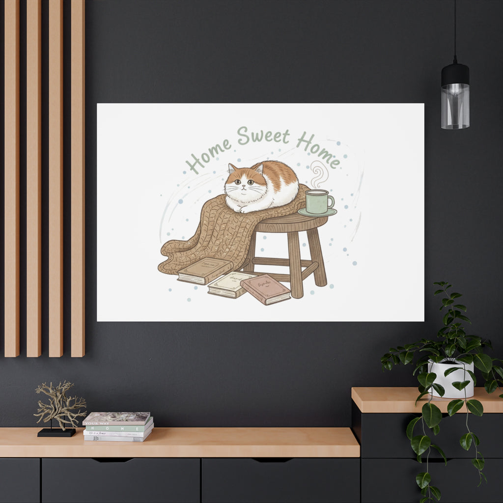 Home Sweet Home cat print Canvas | introvert homebody decor, cozy winter wall art