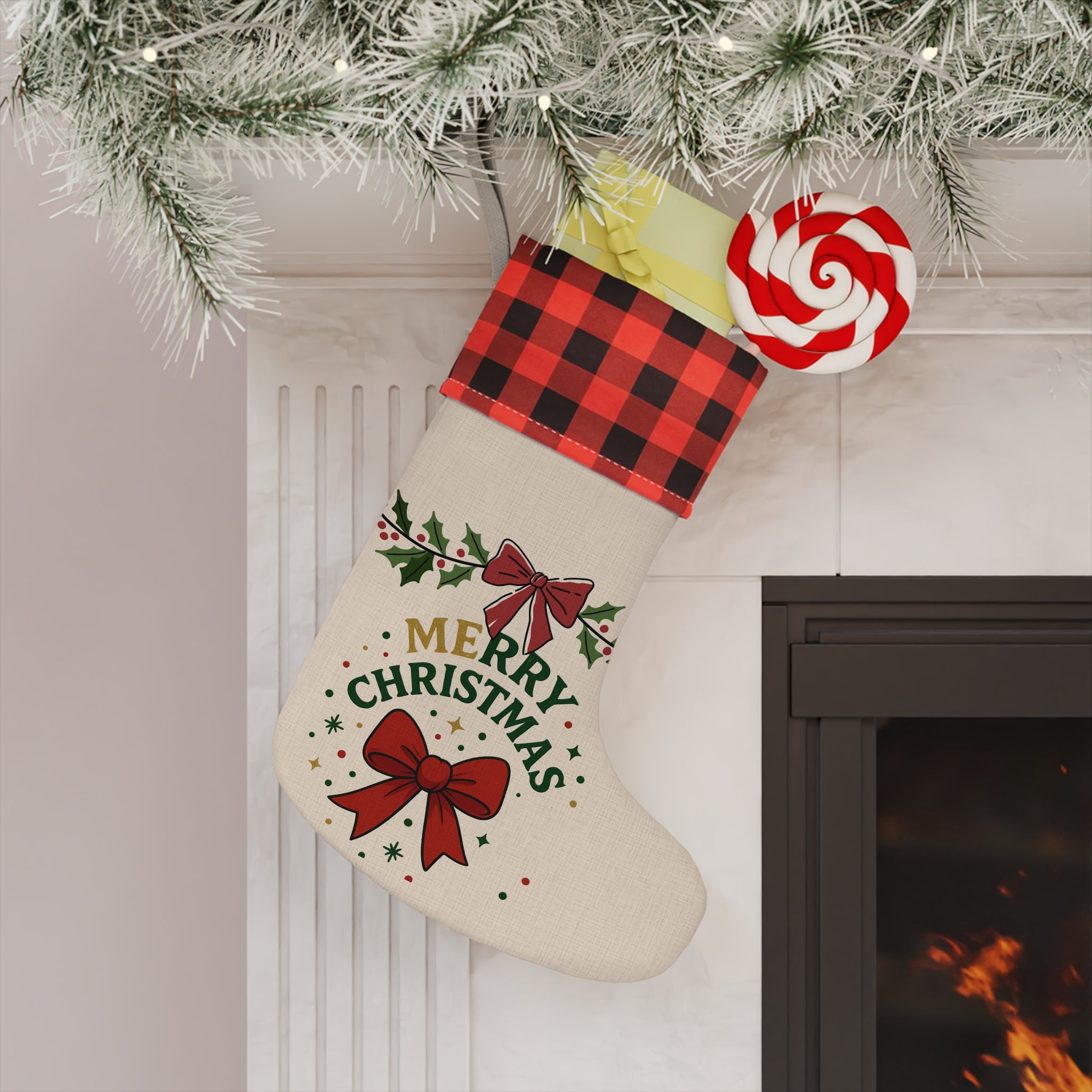 Merry Christmas Buffalo Plaid Stocking — Holiday Decorative Christmas Stocking with Bow & Holly