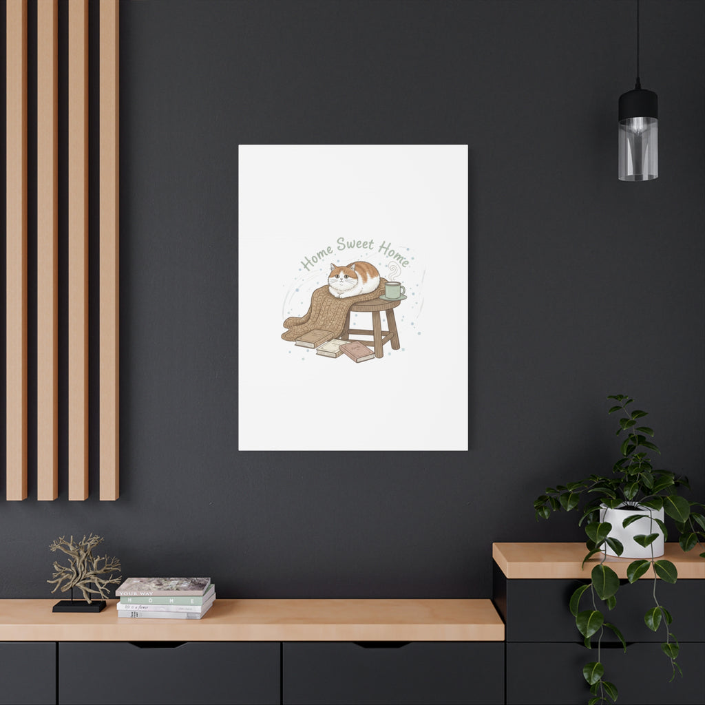 Home Sweet Home cat print Canvas | introvert homebody decor, cozy winter wall art