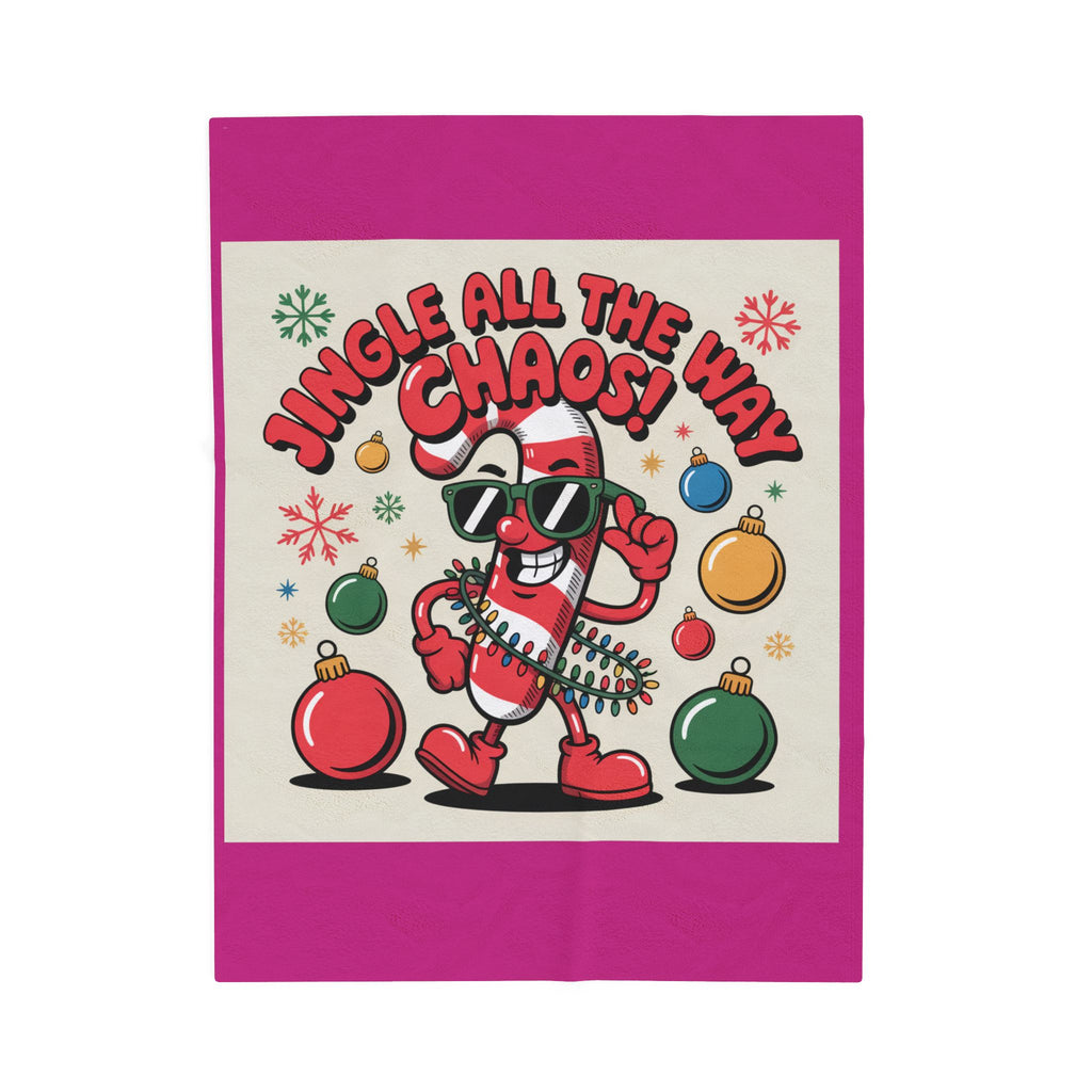 Jingle All the Way Chaos Candy Cane Plush Blanket | ugly Christmas sweater vibe, novelty holiday knit