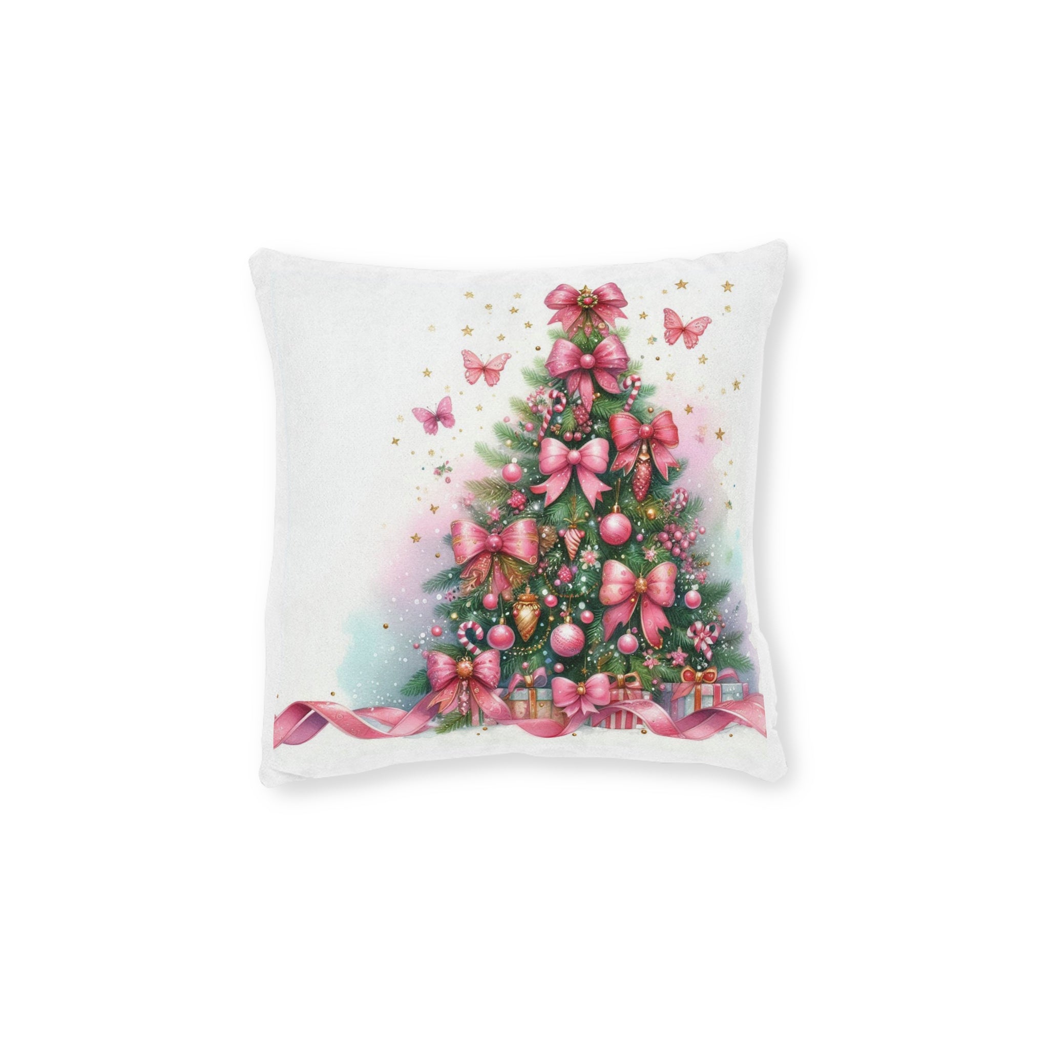 Pink Ribbon Christmas Tree Throw Pillow — Feminine Holiday Decor