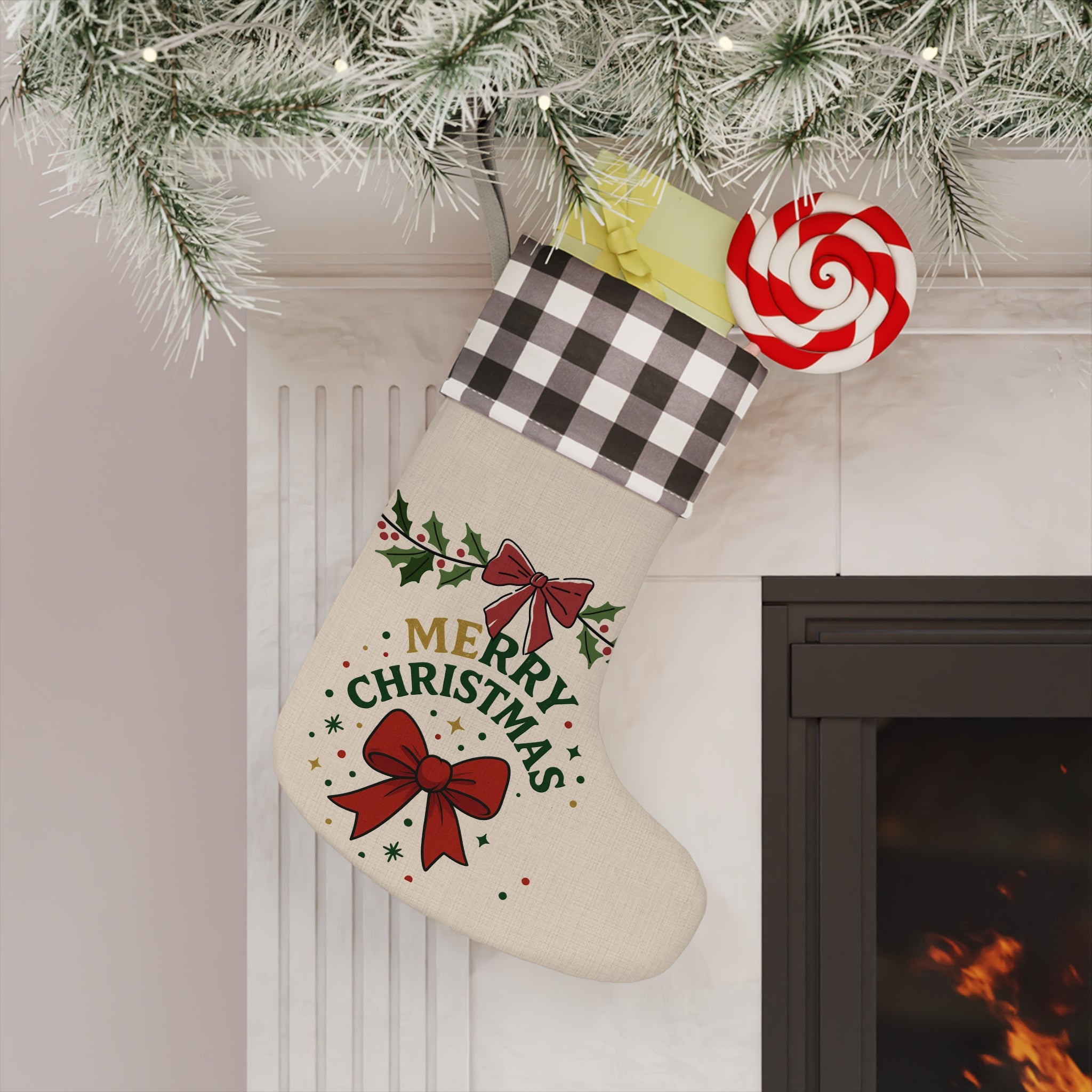 Merry Christmas Buffalo Plaid Stocking — Holiday Decorative Christmas Stocking with Bow & Holly
