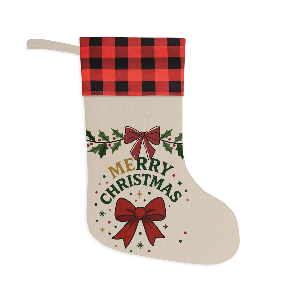 Merry Christmas Buffalo Plaid Stocking — Holiday Decorative Christmas Stocking with Bow & Holly