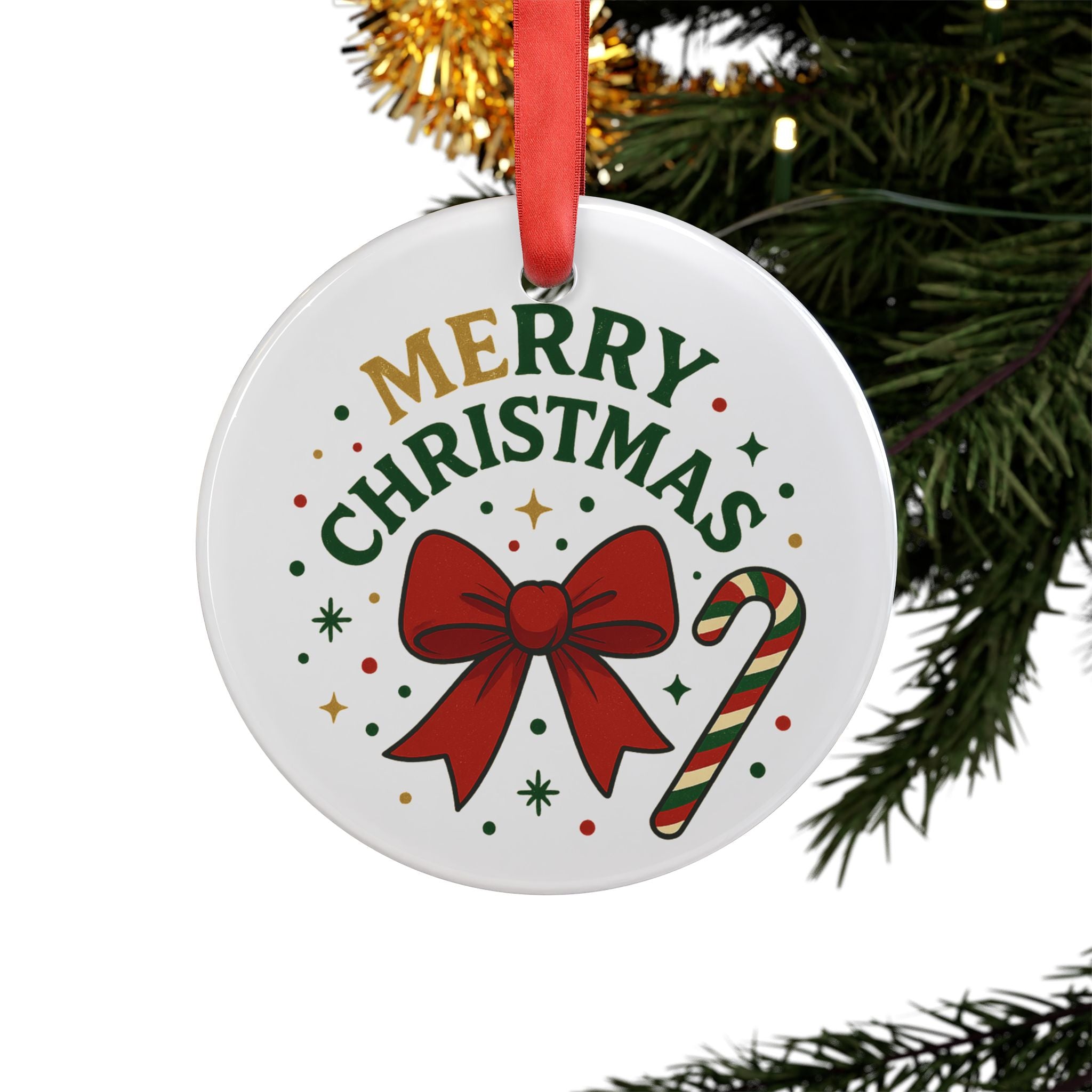 Merry Christmas Acrylic Ornament – Red Bow & Candy Cane Holiday Ornament with Ribbon