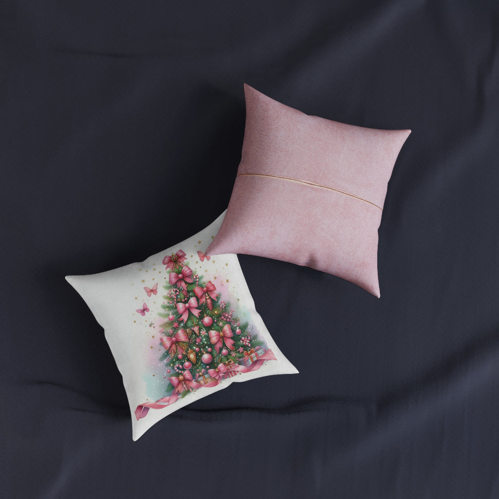 Pink Ribbon Christmas Tree Throw Pillow — Feminine Holiday Decor