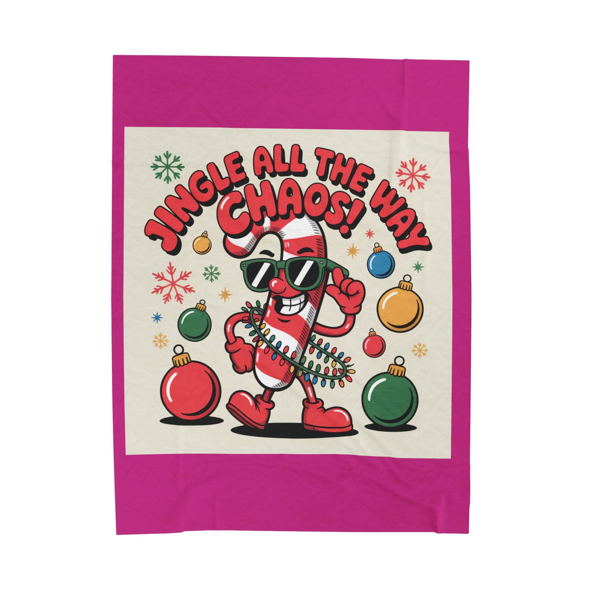 Jingle All the Way Chaos Candy Cane Plush Blanket | ugly Christmas sweater vibe, novelty holiday knit