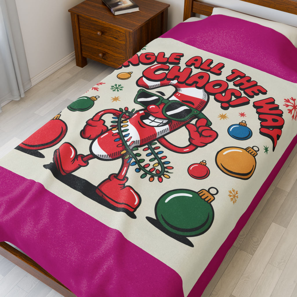 Jingle All the Way Chaos Candy Cane Plush Blanket | ugly Christmas sweater vibe, novelty holiday knit