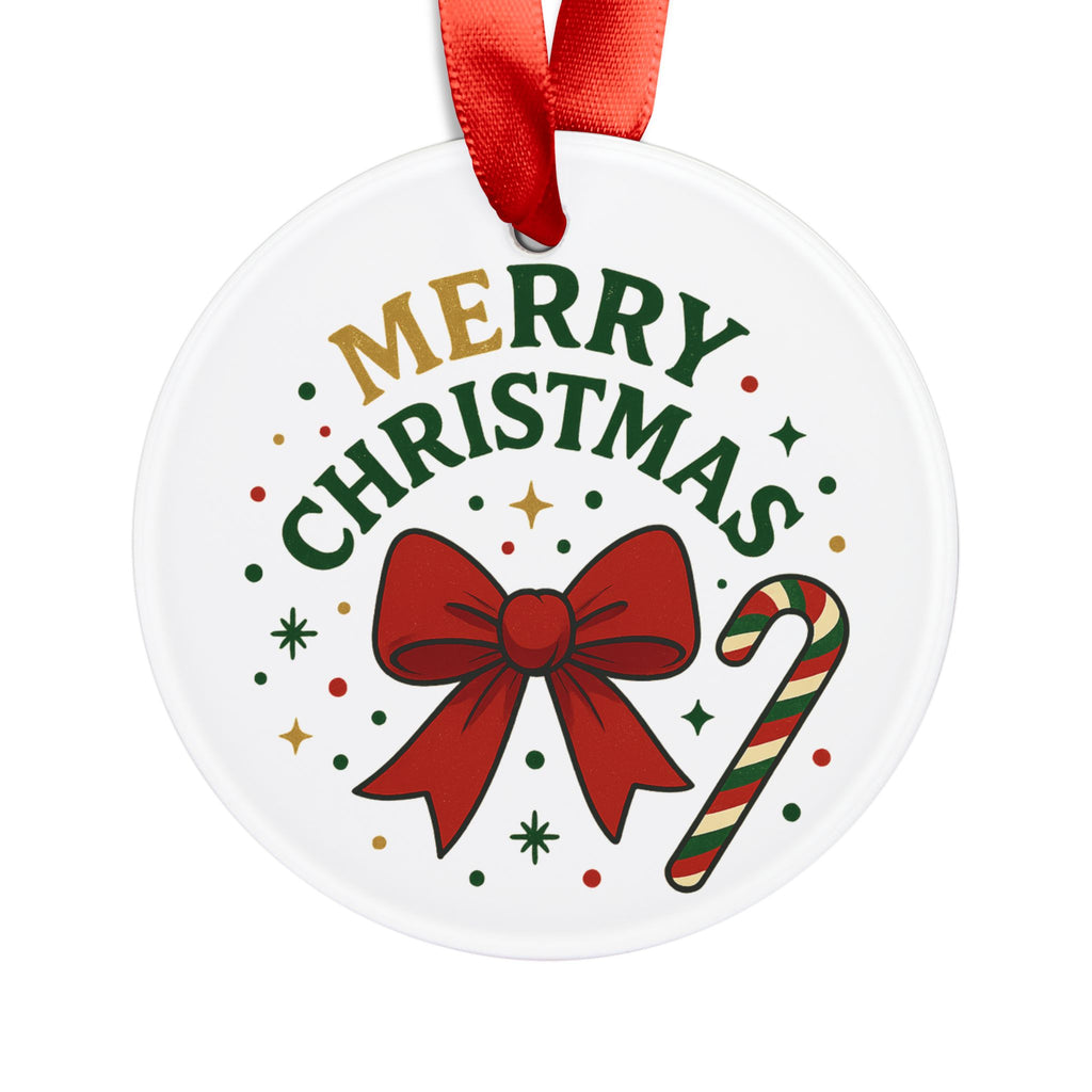 Merry Christmas Acrylic Ornament – Red Bow & Candy Cane Holiday Ornament with Ribbon