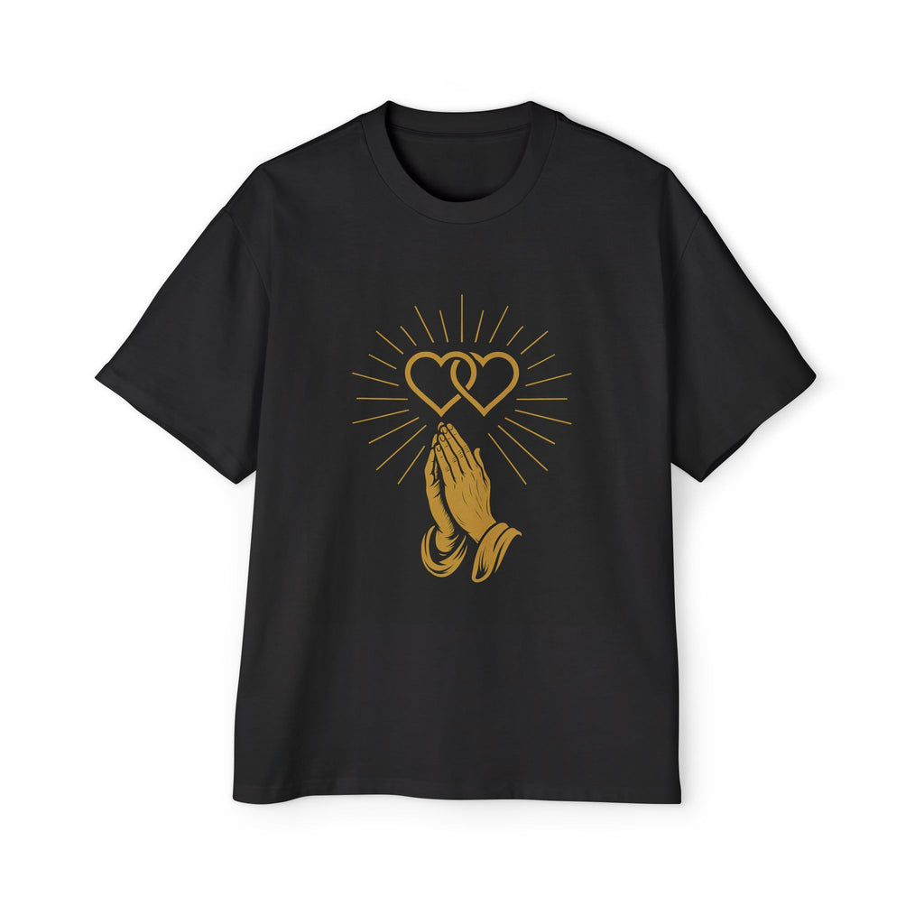 Praying Hands with Hearts Graphic Tee — Men's Oversized Spiritual T-Shirt