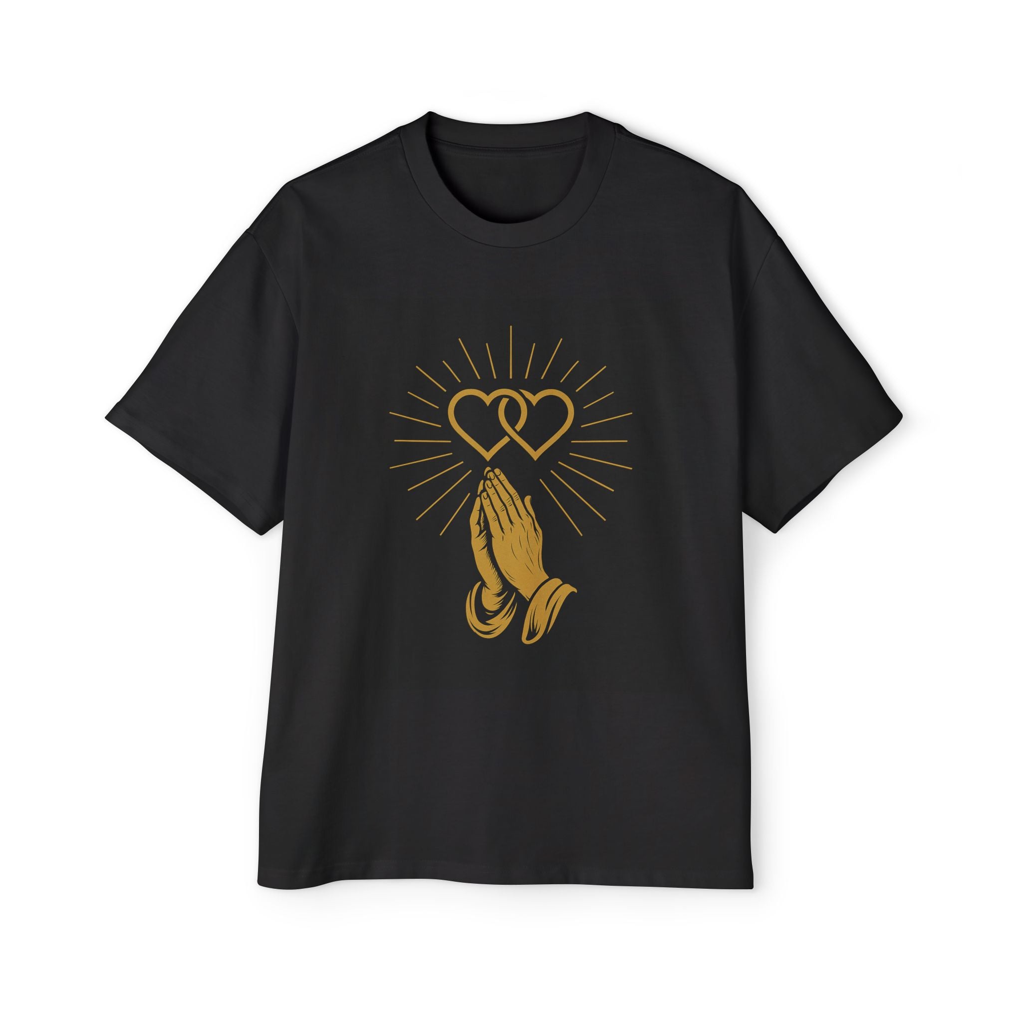 Praying Hands with Hearts Graphic Tee — Men's Oversized Spiritual T-Shirt