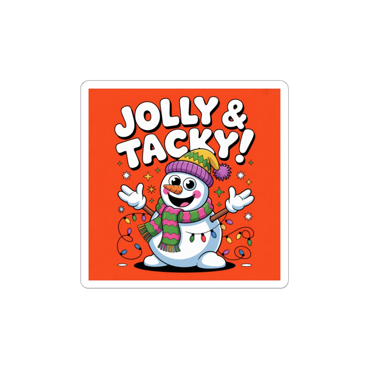 Jolly & Tacky Snowman Kiss-Cut Sticker | ugly Christmas sweater, festive gag sweater