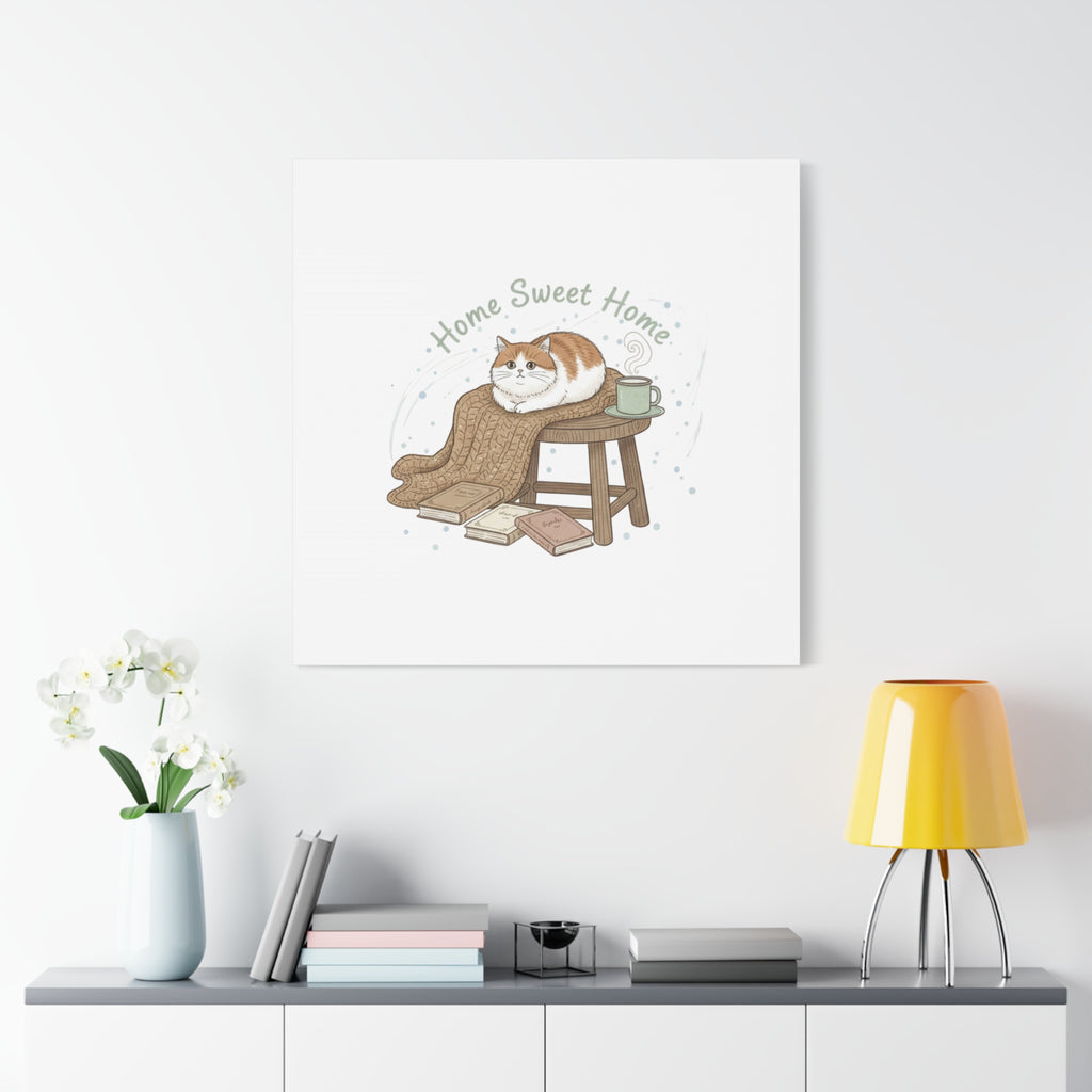 Home Sweet Home cat print Canvas | introvert homebody decor, cozy winter wall art