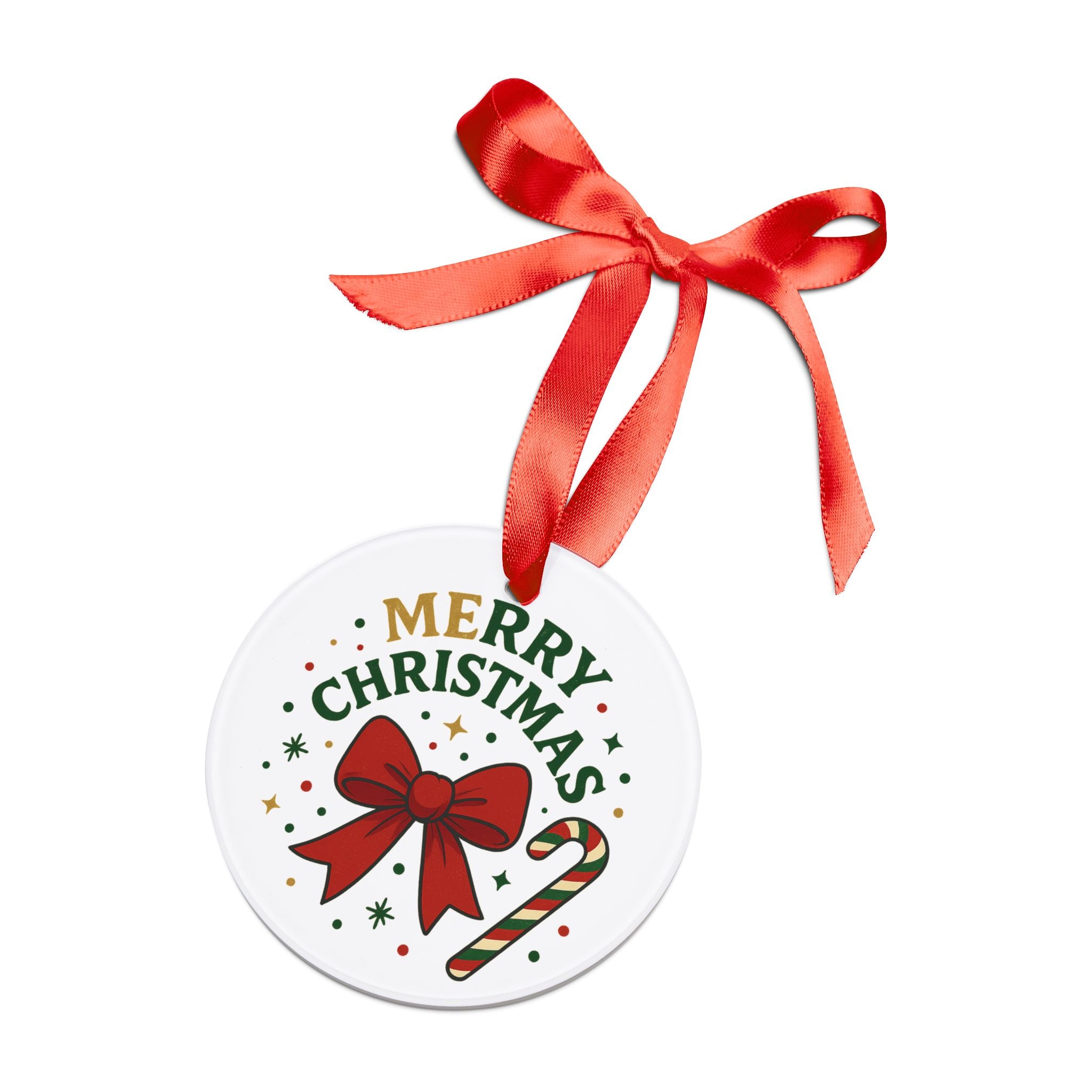 Merry Christmas Acrylic Ornament – Red Bow & Candy Cane Holiday Ornament with Ribbon