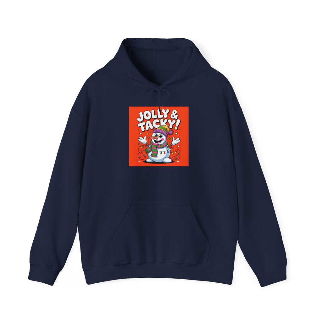 Jolly & Tacky Snowman Hoodie | ugly Christmas party sweatshirt, novelty holiday knit