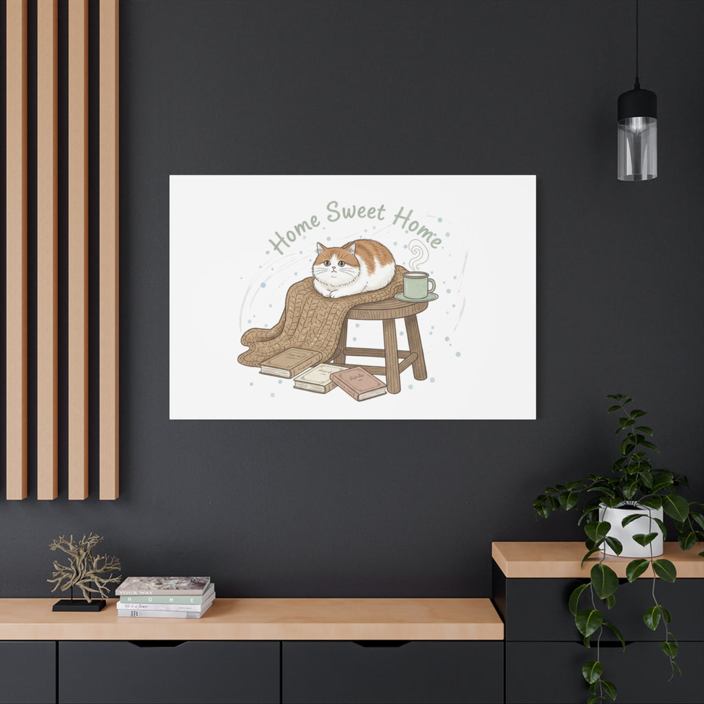 Home Sweet Home cat print Canvas | introvert homebody decor, cozy winter wall art