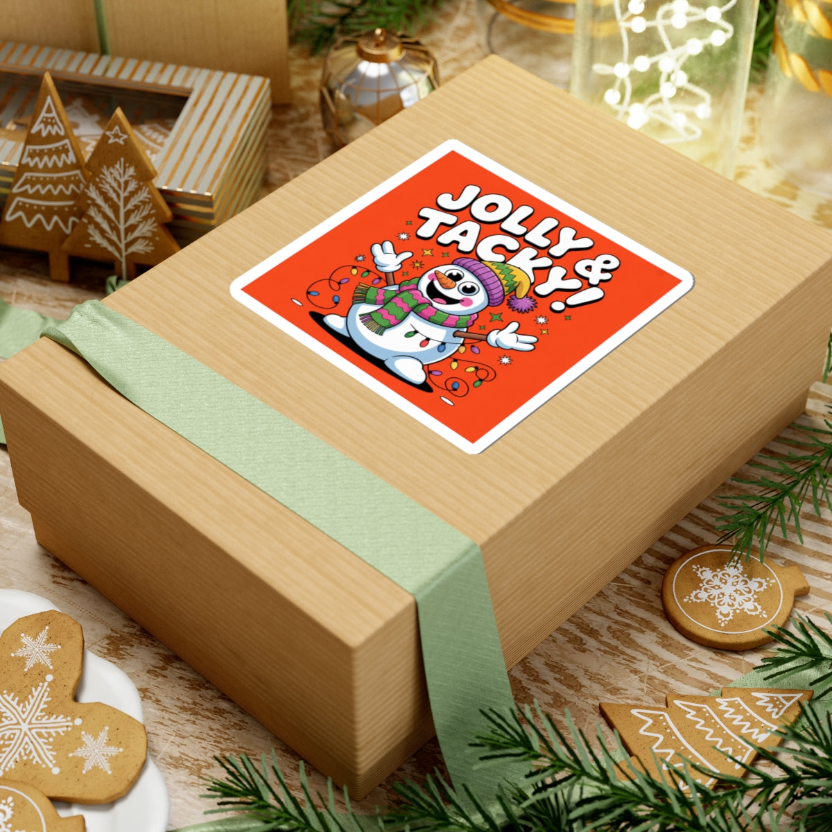 Jolly & Tacky Snowman Kiss-Cut Sticker | ugly Christmas sweater, festive gag sweater