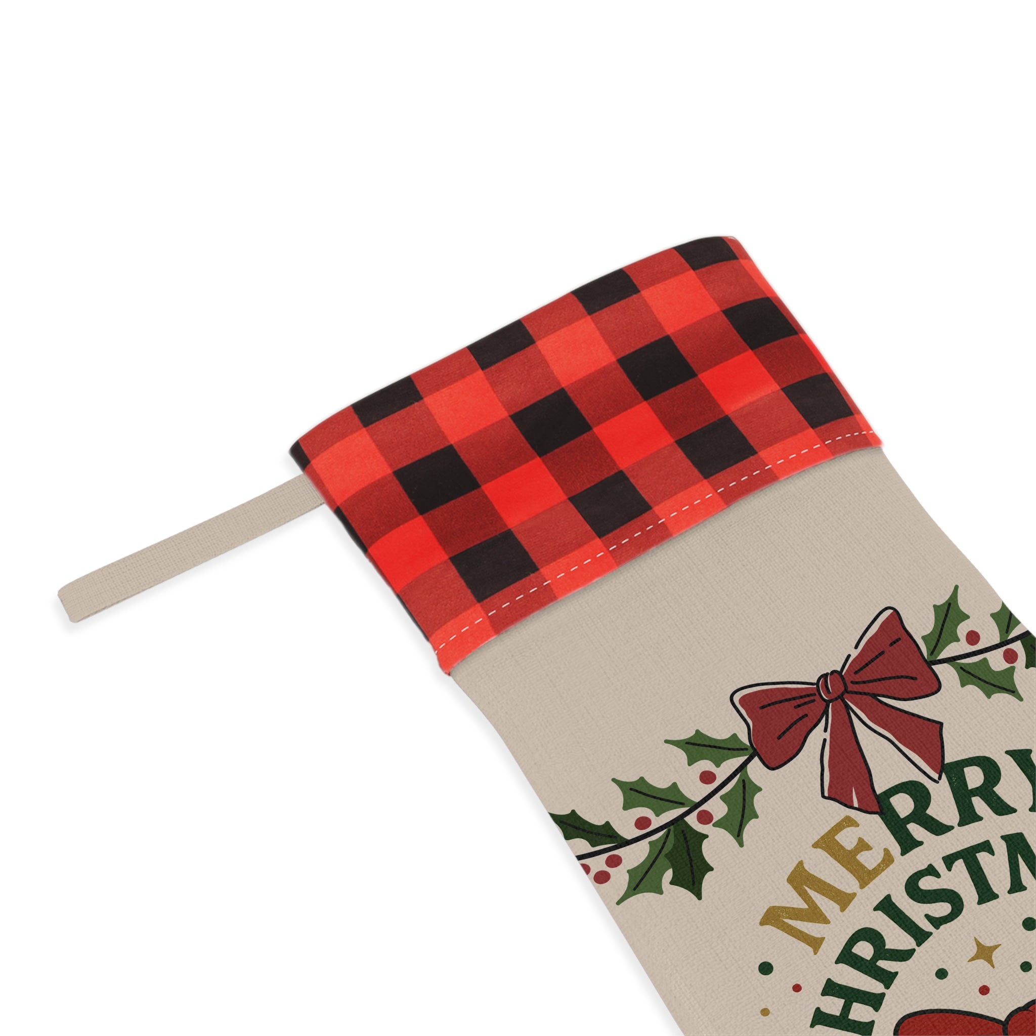 Merry Christmas Buffalo Plaid Stocking — Holiday Decorative Christmas Stocking with Bow & Holly