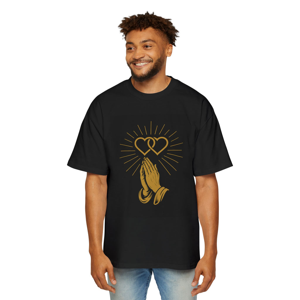 Praying Hands with Hearts Graphic Tee — Men's Oversized Spiritual T-Shirt