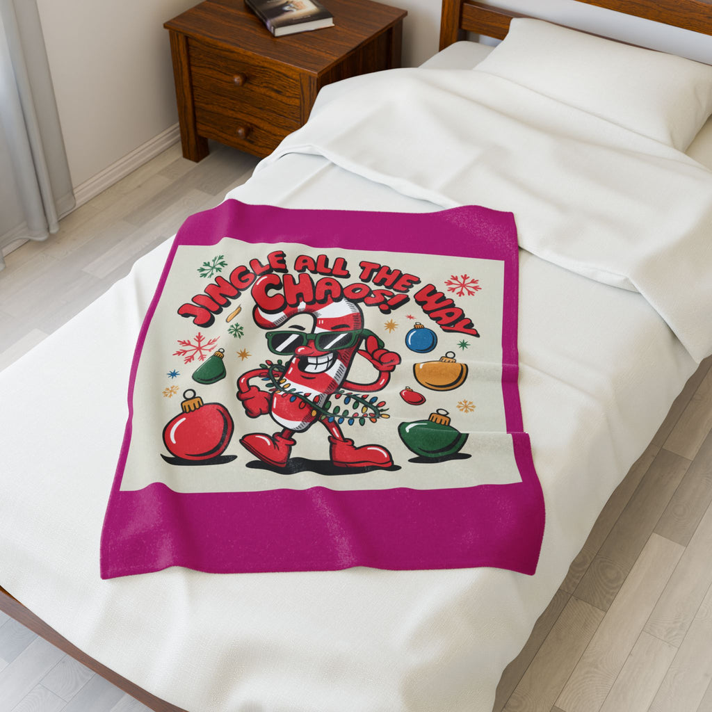 Jingle All the Way Chaos Candy Cane Plush Blanket | ugly Christmas sweater vibe, novelty holiday knit