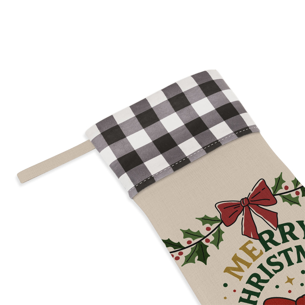 Merry Christmas Buffalo Plaid Stocking — Holiday Decorative Christmas Stocking with Bow & Holly