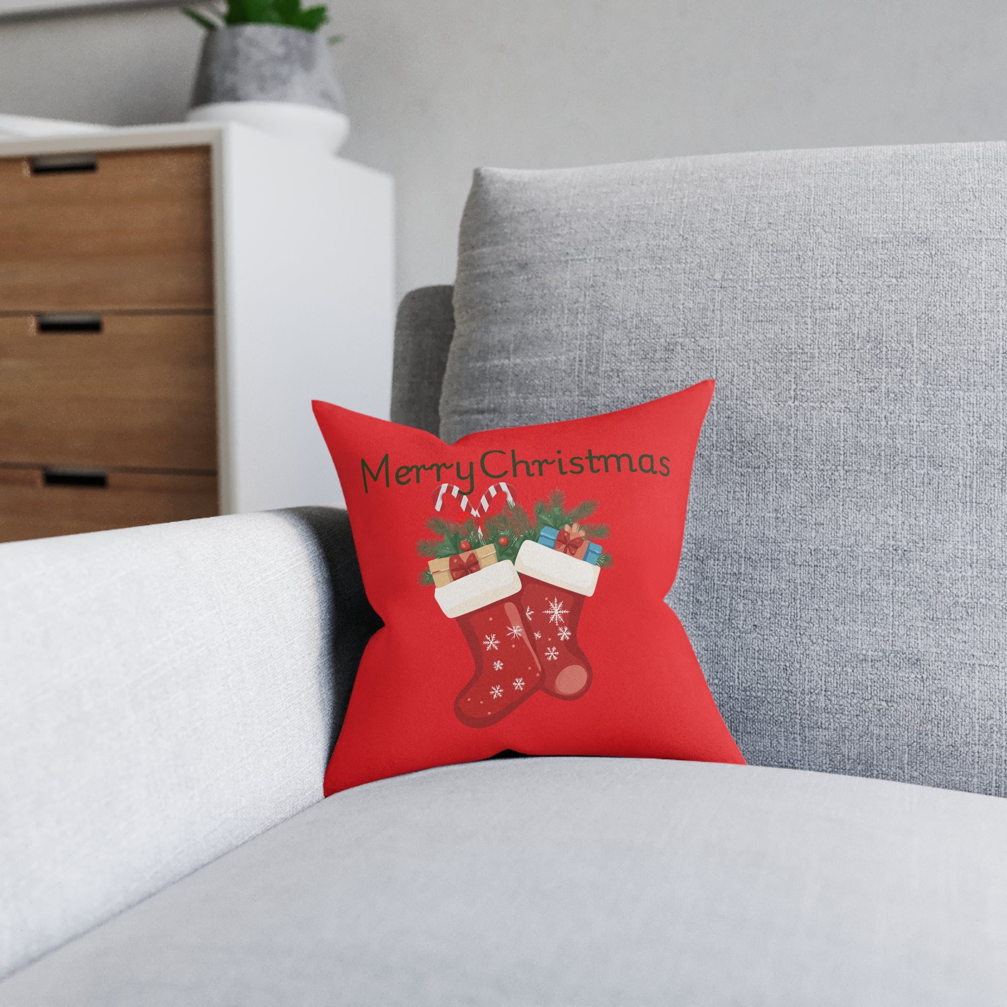Merry Christmas Stocking Square Pillow - Festive Holiday Throw Cushion