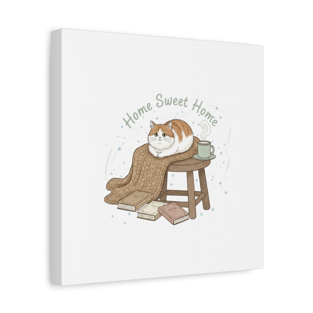 Home Sweet Home cat print Canvas | introvert homebody decor, cozy winter wall art
