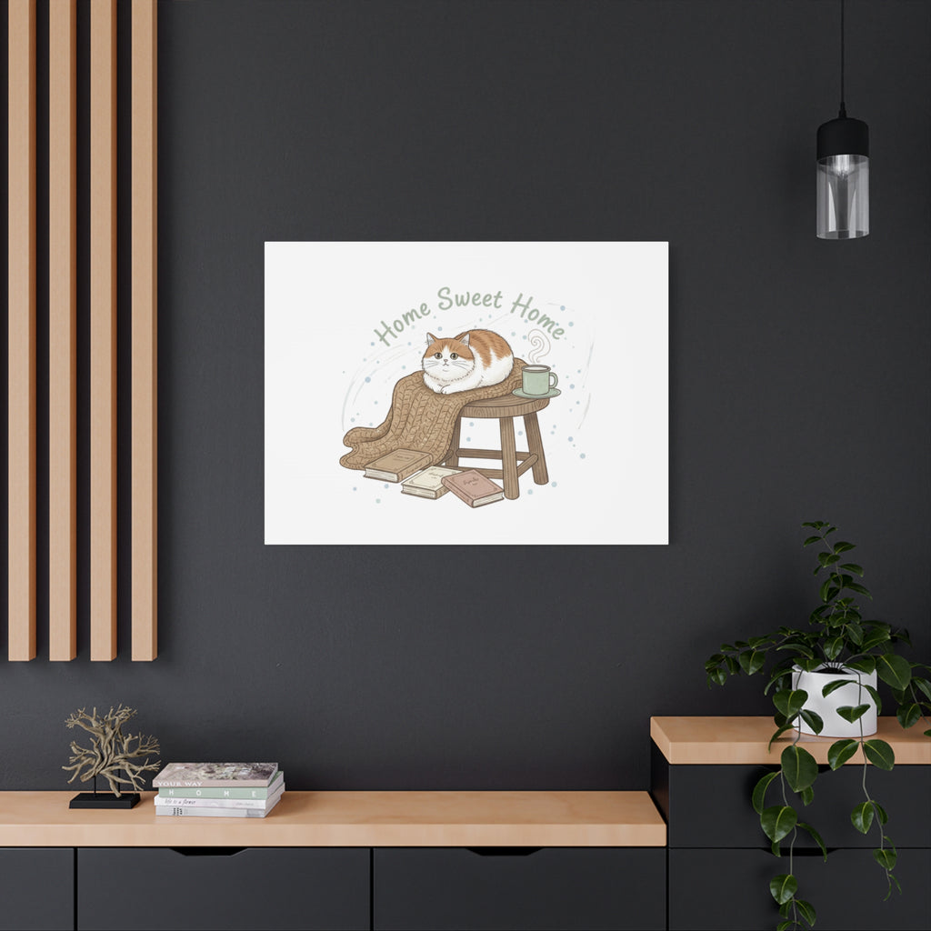 Home Sweet Home cat print Canvas | introvert homebody decor, cozy winter wall art