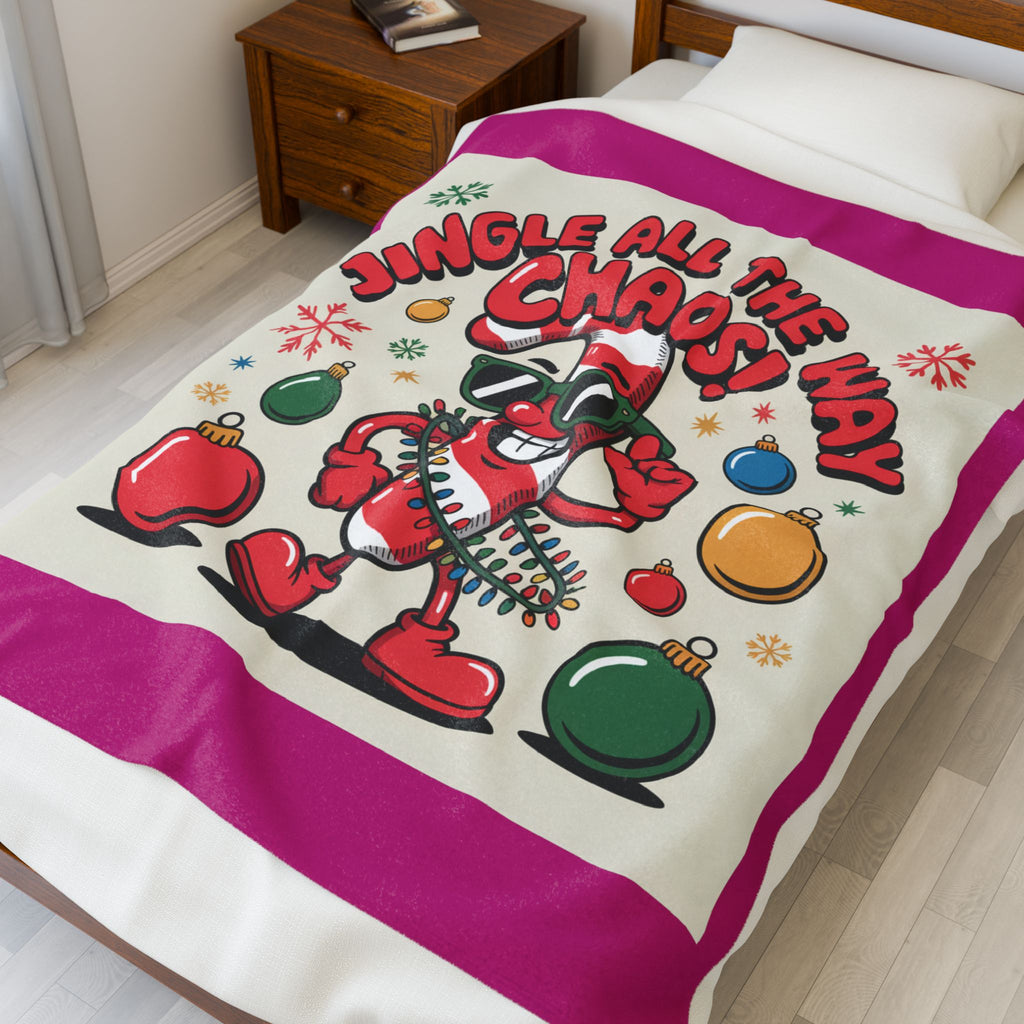 Jingle All the Way Chaos Candy Cane Plush Blanket | ugly Christmas sweater vibe, novelty holiday knit